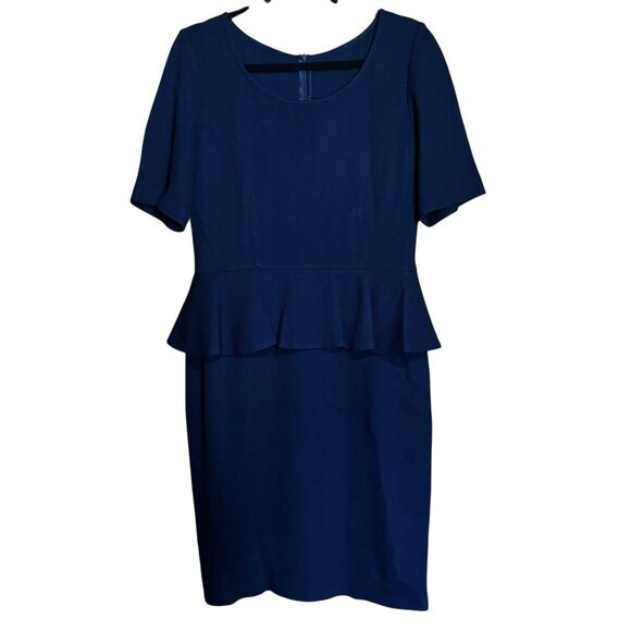 ST JOHN CAVIAR Peplum Midi Sheath Dress 10 Blue Milano Wool Silk